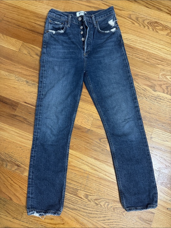 Agolde Denim - AGOLDE Dark Blue High-Rise Straight Leg Jeans with Distressed Hem